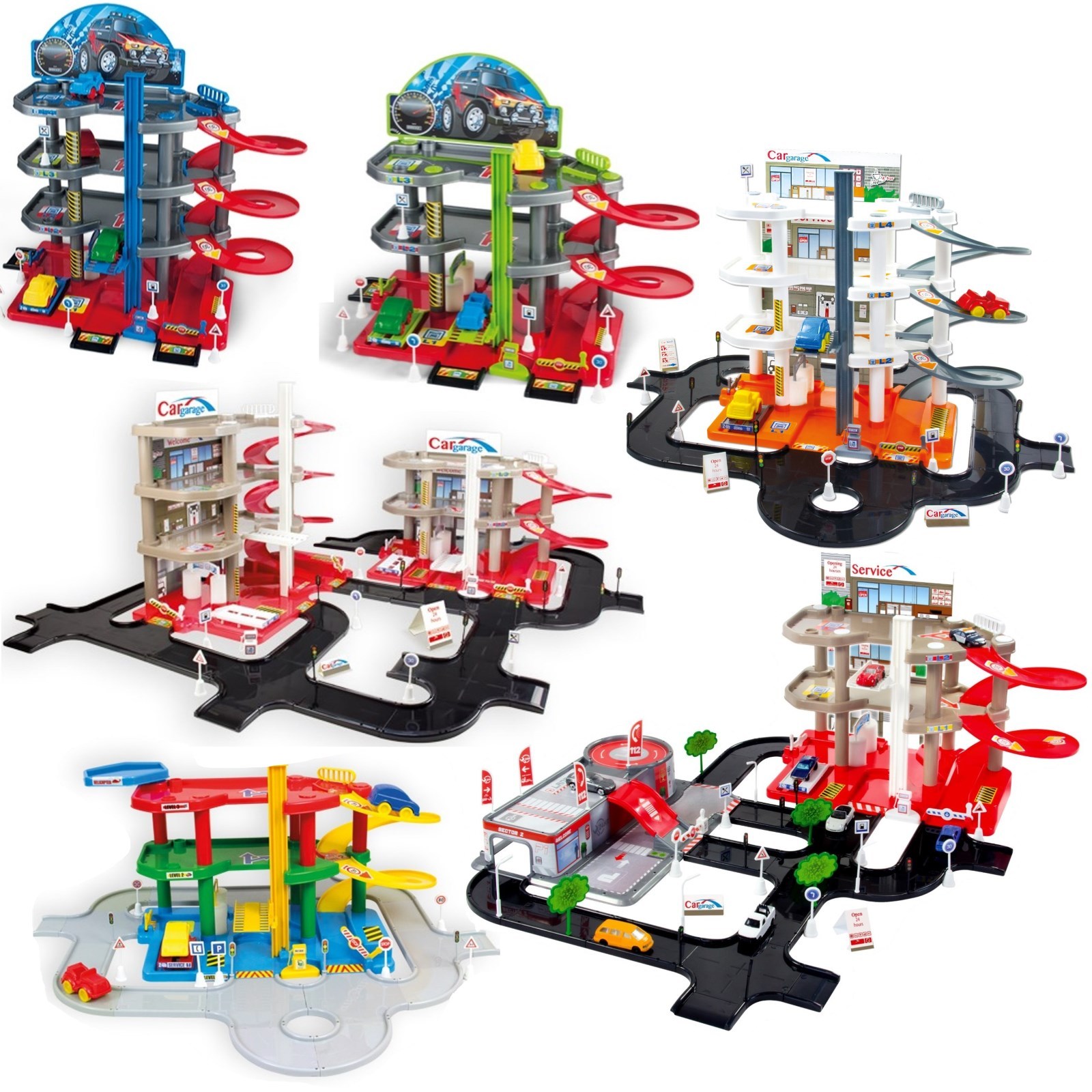 Parkgarage Parkhaus u.Spielteppich Spielstrasse Autogarage incl 6 Spielzeugautos