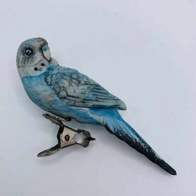 Parakeet Budgie Clip On Blue Bird Ceramic Christmas Ornament - vintage 
