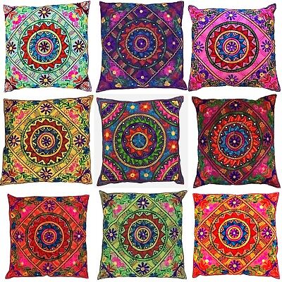 24" Indian Suzani Mandala Cushion Covers Cotton Sequin Embroidery Boho 60x60 cms