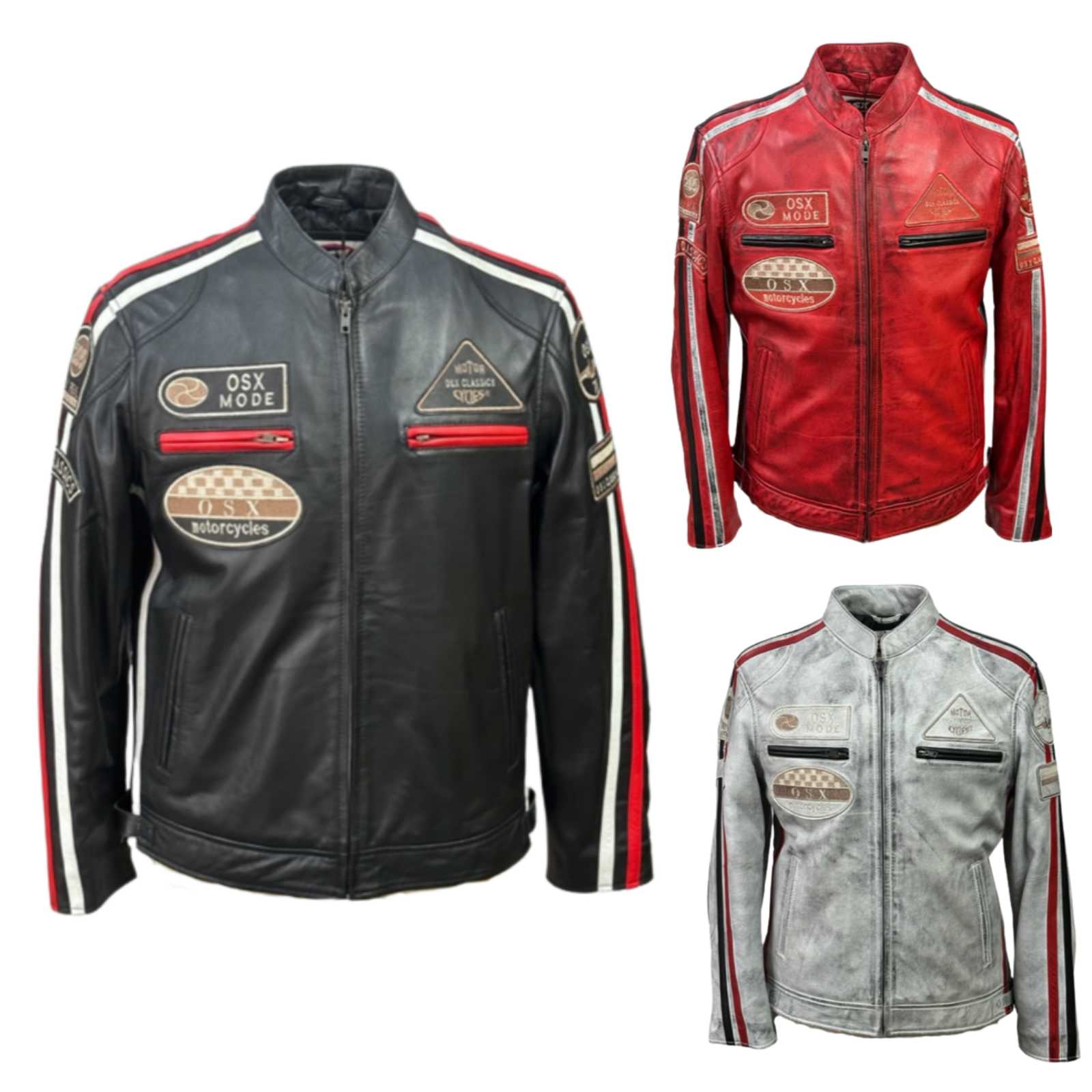 ジャケット MOTORCYCLE BIKER JACKET Men's Real Leather Jacket Motorcycle Band Collar Patch