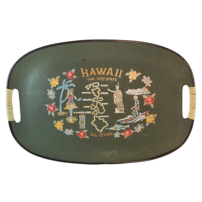Vintage Large Green Tilso Hawaii 50th State Fiberglass Serving Tray With Aloha D