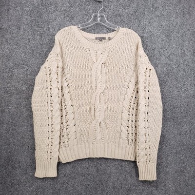 Vince Womens M Medium Beige Chunky Cable Knit Yak Wool Crewneck Pullover Sweater