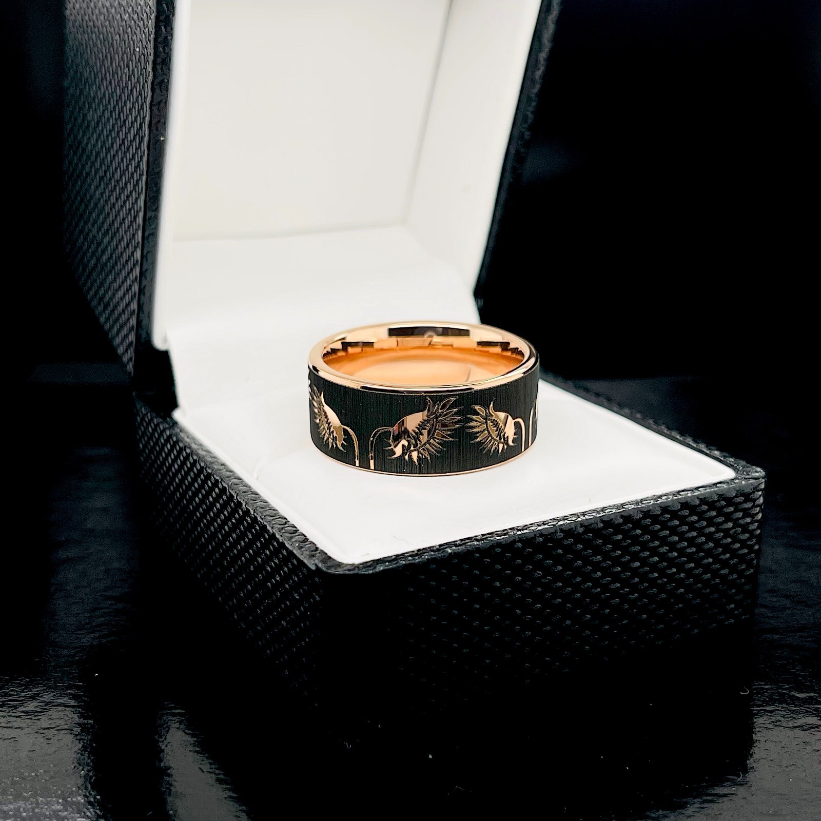 Pre-owned Rosegold Sunflowers Pattern Engrave Rose Gold Tungsten Carbide Ring, Mens And Women Ring