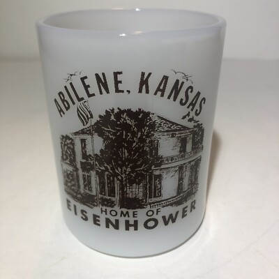 VTG Federal Milk Glass Advertising Mug Home Of EISENHOWER ABILENE KANSAS Cup
