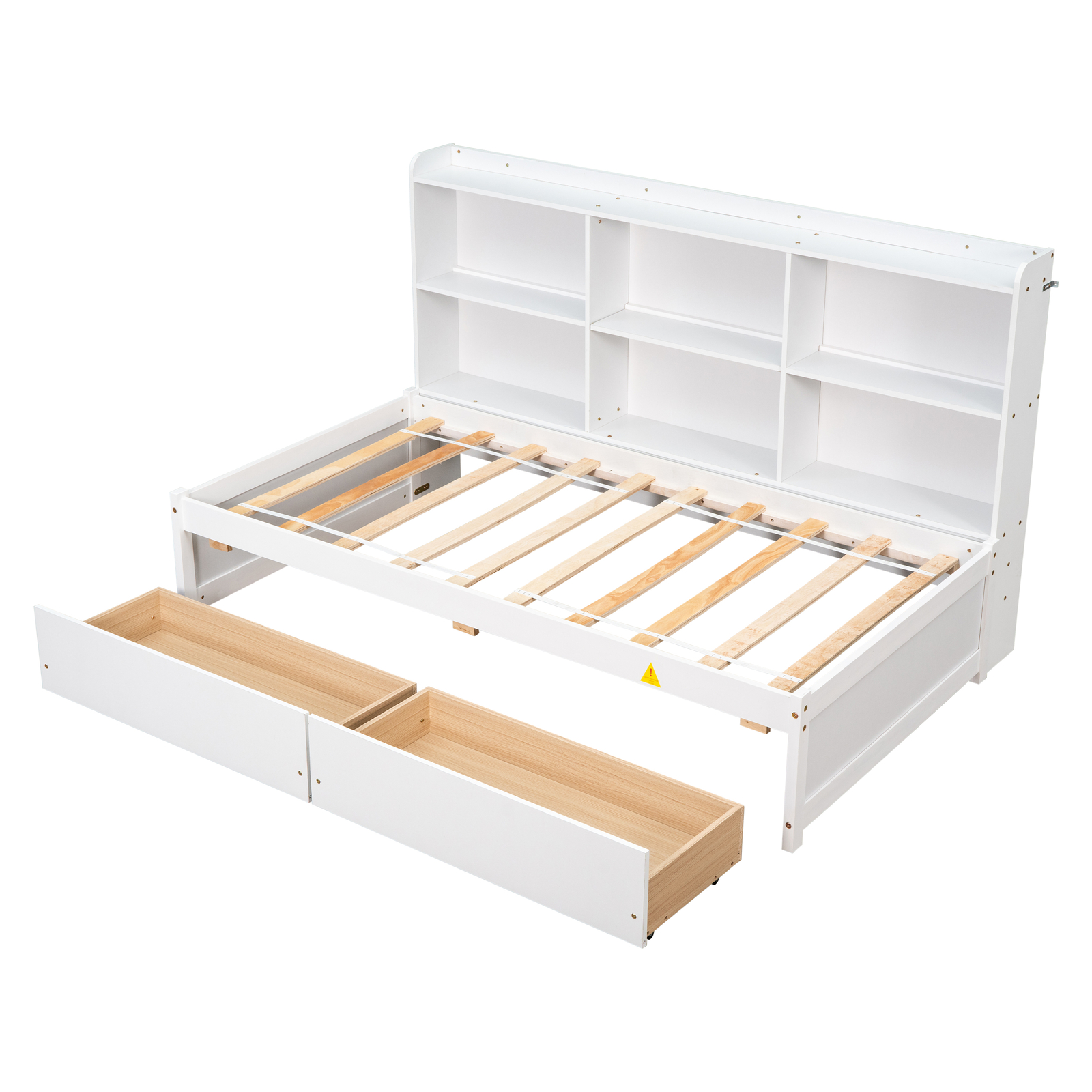 Twin Size Platform Bed Frame W/2 Drawers and Side Bookcase Storage Bedroom White