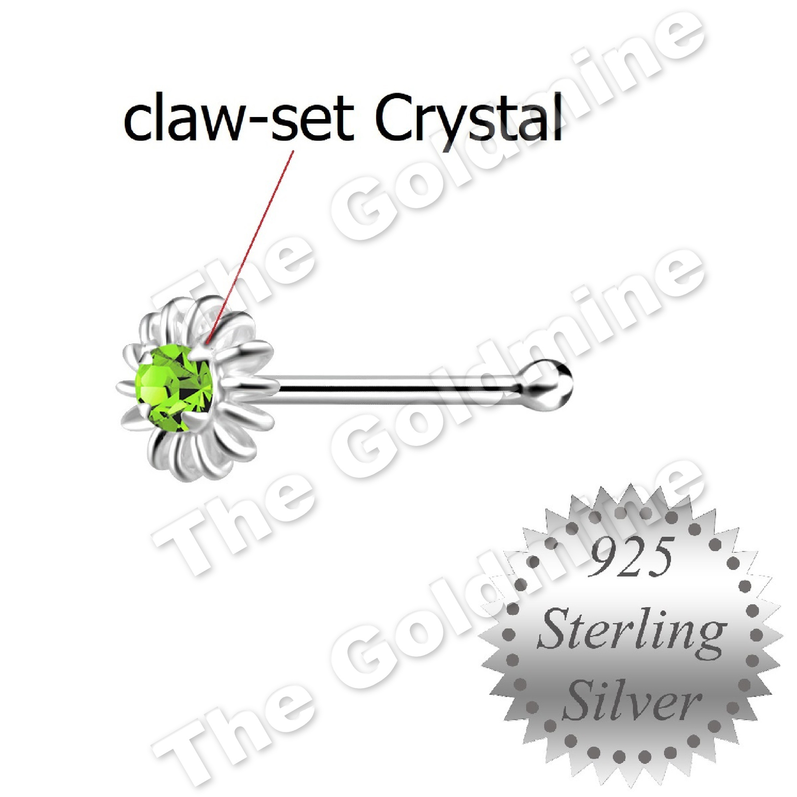 Light Green Flower Nose Stud * Claw-Set Crystal * short Pin, Sterling Silver