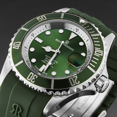 Pre-owned Revue Thommen Men's 'diver' Green Dial Green Rubber Strap Swiss Watch 17571.2329