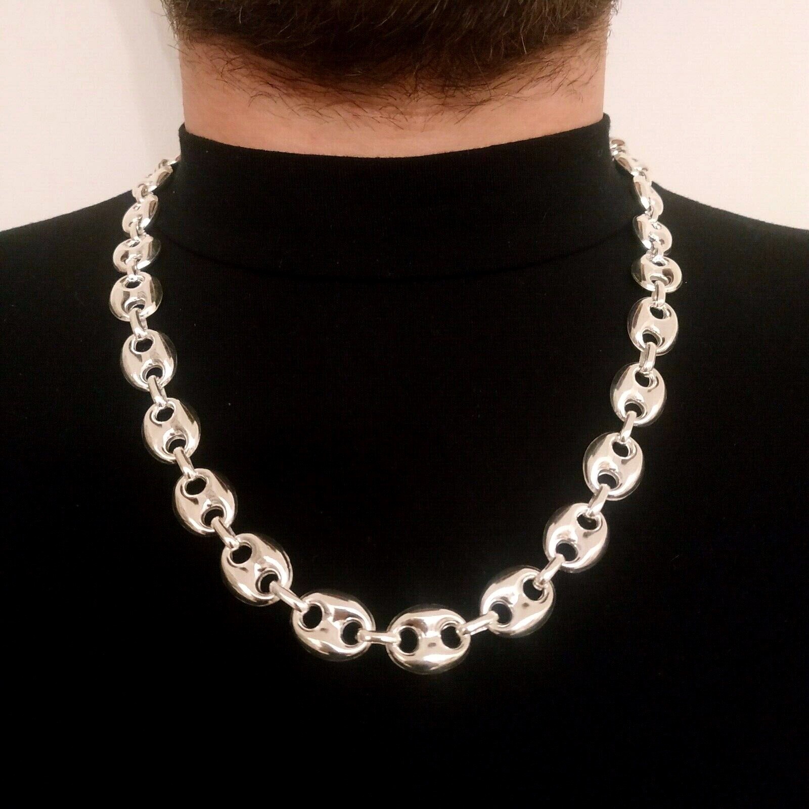 Pre-owned Handmade Mens Mariner Puffed Link Chain Necklaces 14mm 69gr 925 Silver Sterling 26inch