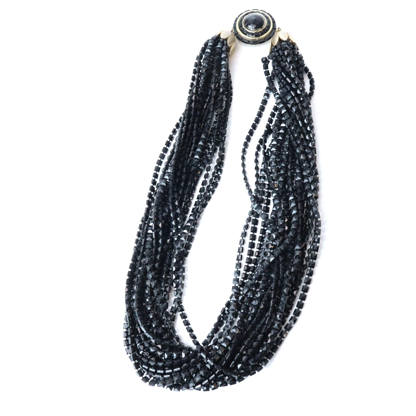 Vintage Black Acrylic Seed Bead Square Multi Strand Black Box Clasp 16"