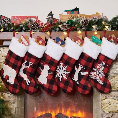 Christmas Stockings Set of 6 Red Black Buffalo Plaid Christmas Cards with Env...