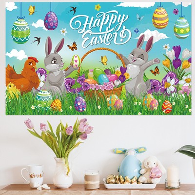 Easter Decorations Banner 70.8'' X 43.3'' Backdrop Happy Easter Eggs Bunny NEW