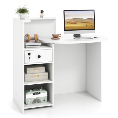Front Reception Counter Desk Checkout Office Desk w/Open Shelf & Lockable Drawer
