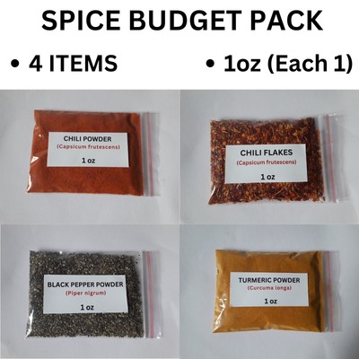 Spice Budget Pack Chili Powder, Chili Flakes, Black Pepper, Turmeric - 1 oz Each