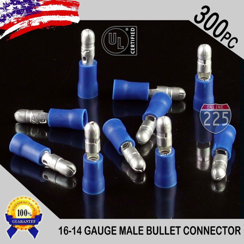 300 Pack 16-14 Gauge Blue Male Bullet Connectors Fully Insulated Vinyl .156" Ul