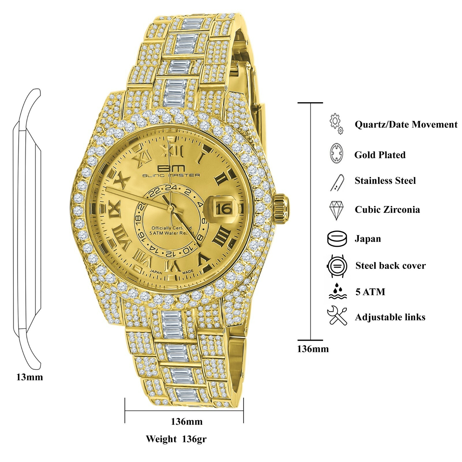 Pre-owned Bling Master - Knight Stainless Steel Men's 18k Yellow Gold Finish Simulated Diamond Watch W/date 42mm