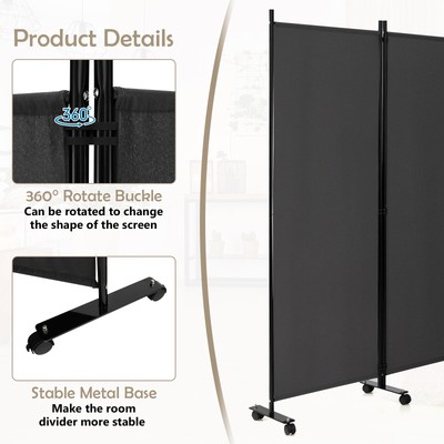 6-Panel Folding Room Divider 6FT Rolling Privacy Screen w/ Lockable Wheels Grey