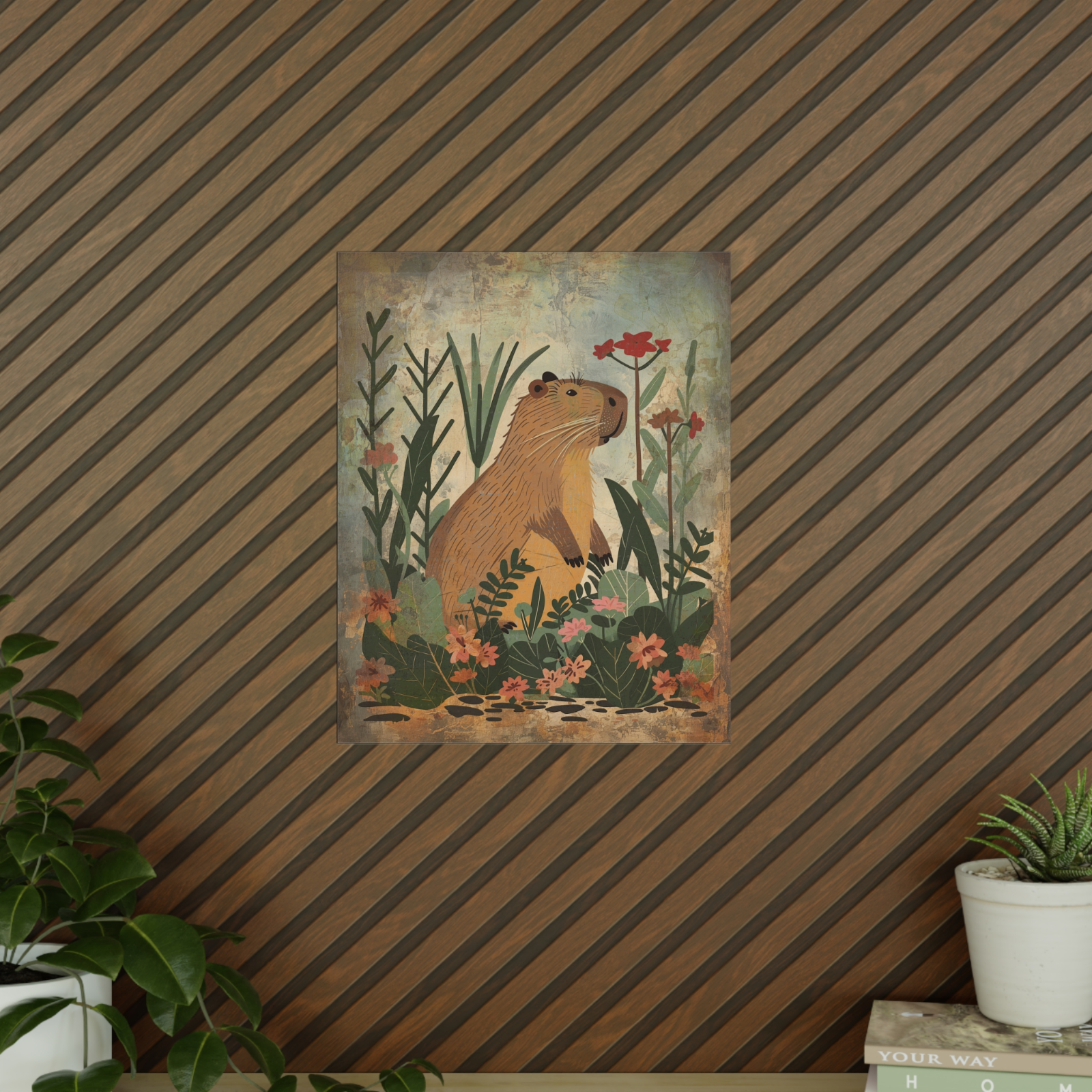 Retro CAPYBARA FLOWER Wall Art, Botanical Floral Wildlife Rodent Nature Poster