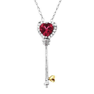 Finecraft Garnet Key Necklace with Diamonds in Silver & 14K Yellow Gold, 18''
