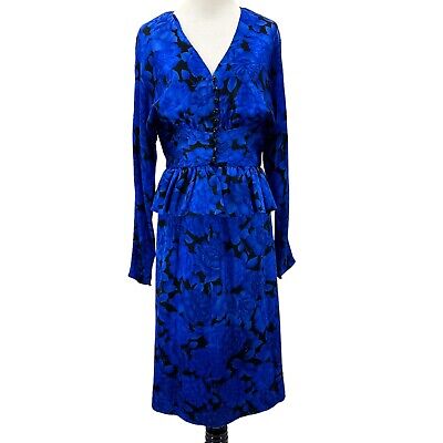 Albert Nipon Vintage Blue Silk Floral Skirt And Jacket Top Set Sz 6 Peplum Belt