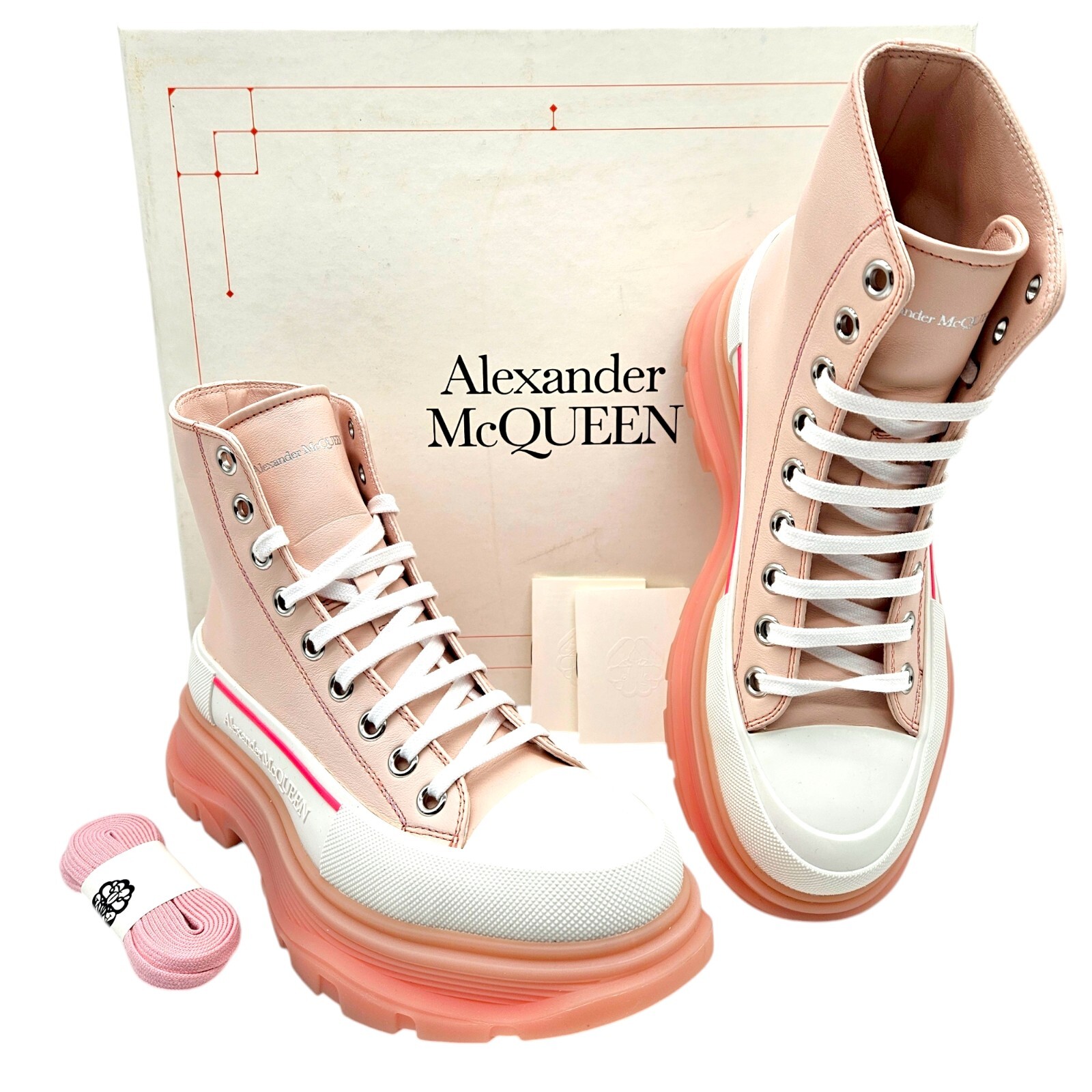 ショートブーツ・ブーティ ALEXANDER MCQUEEN  Ankle Boots Women Fabric Pink Alexander McQueen Women's Pink White Chunky Ankle Leather