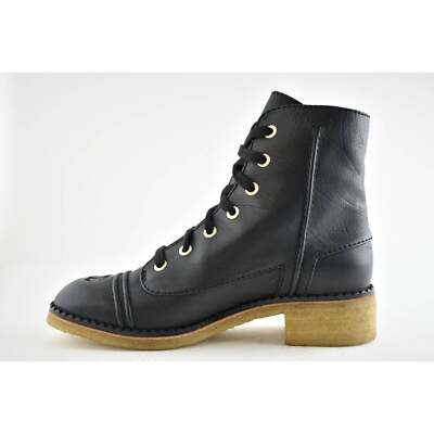 Pre-owned Chanel 20p Black Calfskin Leather Cc Combat Lace Up Biker Ankle Short Boots 37.5