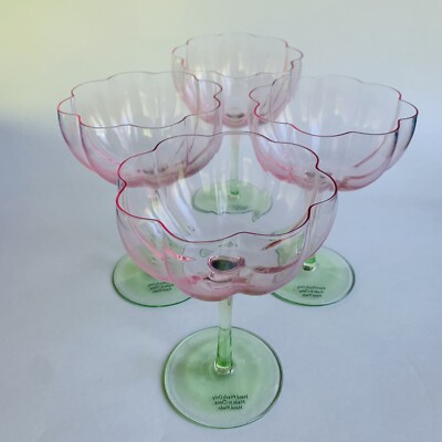 4 NEW Watermelon Pink & Green Tulip Coupe Wine/Dessert Glasses Set