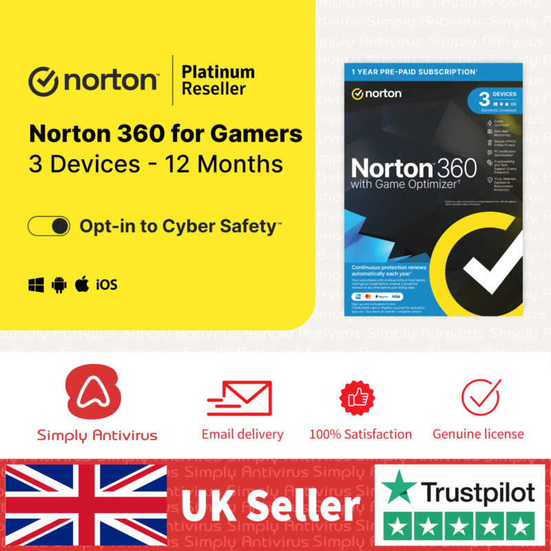 Norton 360 For Gamers Antivirus 2024 3 Device  1 Year  5 Minute Email Delivery