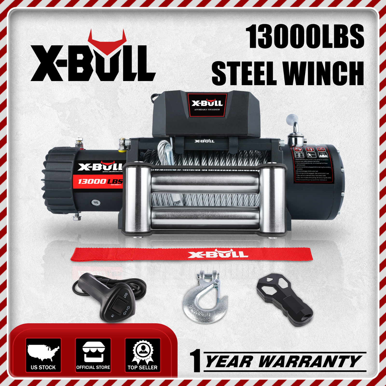 X-BULL 13000lb Electric Winch Steel Cable Trailer Towing Off-Road SUV Truck