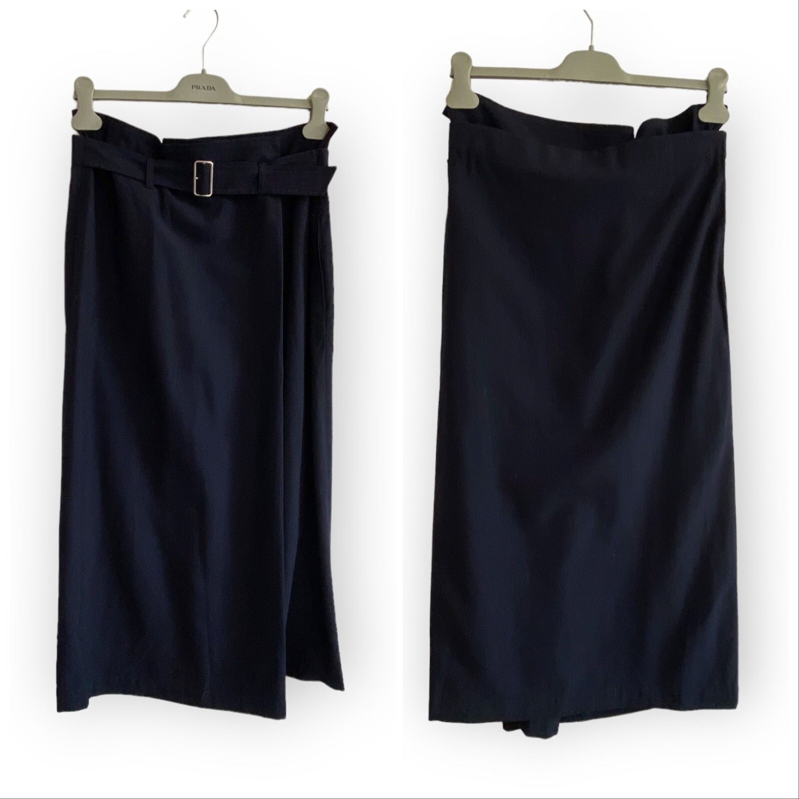 90s Comme des Garçons Tricot Navy Wool Belted Midi Skirt