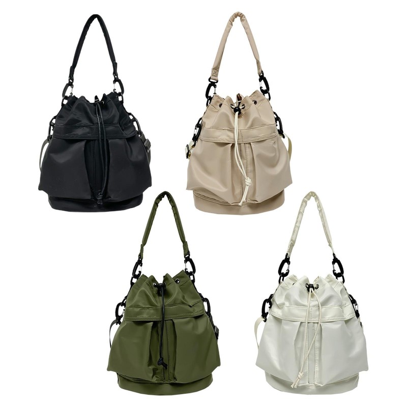 Nylon Drawstring Tote Satchel Purse With Wide Straps