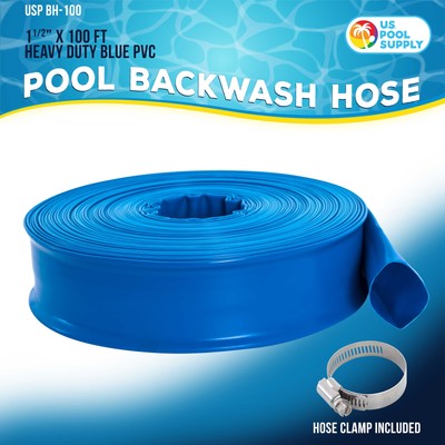 1-1/2" x 100' Heavy Duty Blue Swimming Pool Backwash Hose & Clamp, Discharge