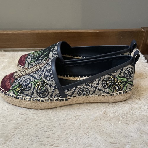 Pre-owned Tory Burch T Monogram Platform Espadrille Cheetah Needlepoint Navy Size 9 In Blue