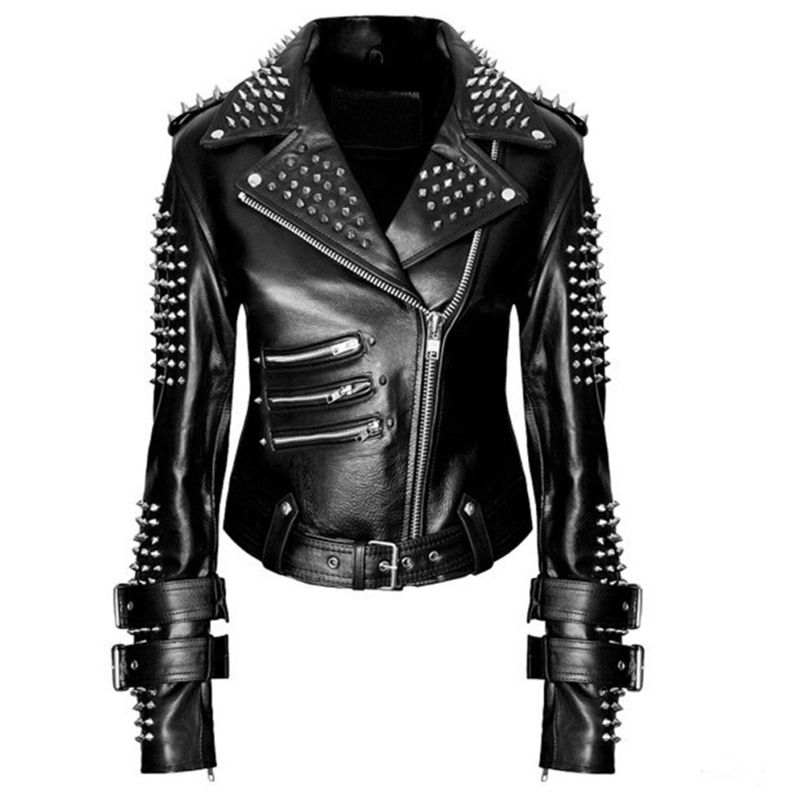 Women Studded Black Leather Motorcycle Jacket Ladies Real