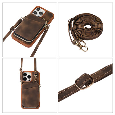 For iPhone 15 Pro Max 14 13 12 11 Zipper Pocket Leather Holder Crossbody Case