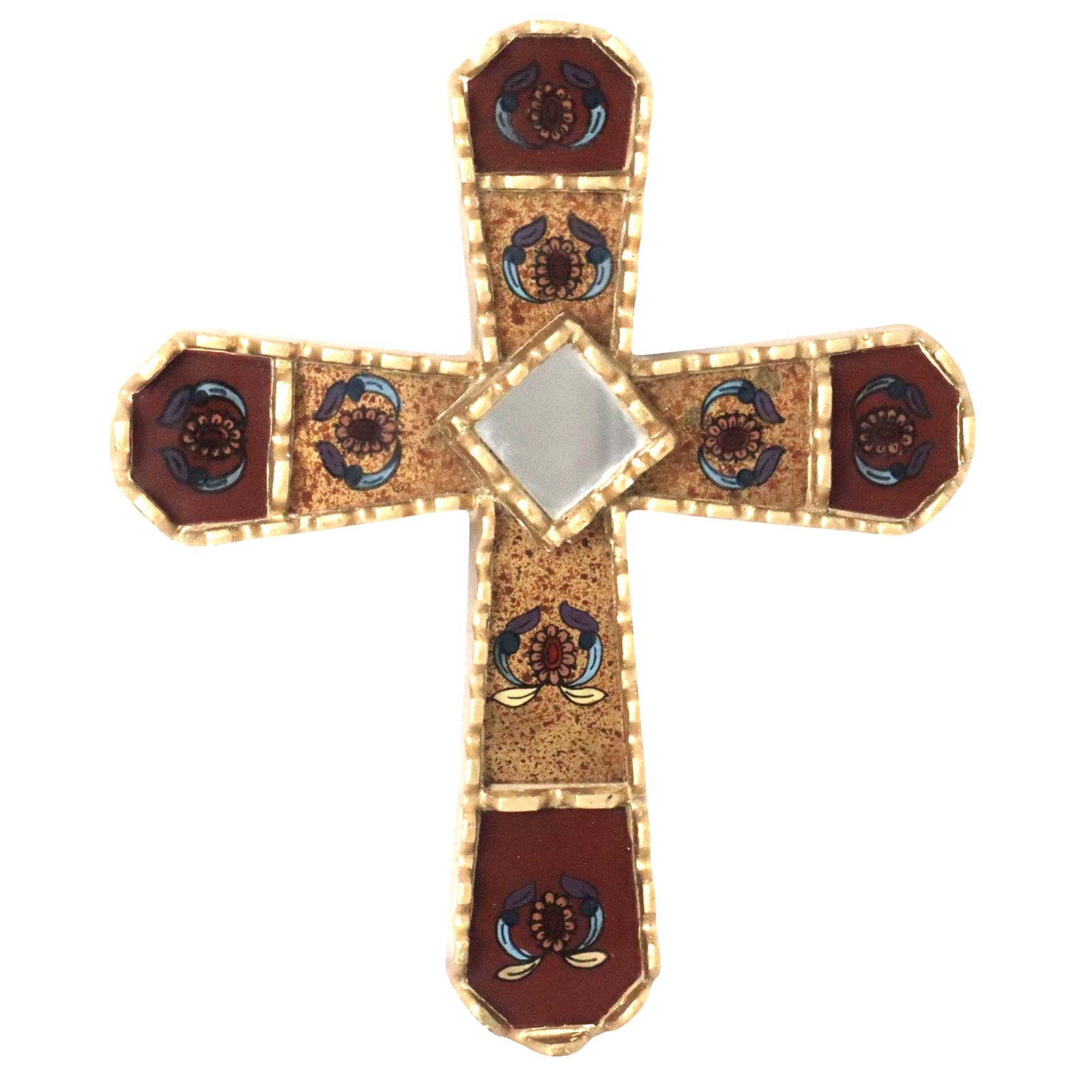 Vintage Peruvian Mohena Wood Cross Reverse Glass Painting Floral Peruvian Mirror