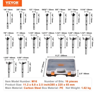 VEVOR Forstner Bit Set 16 Pcs Forstner Drill Bits Set for Wood 1/4" to 1-5/8"