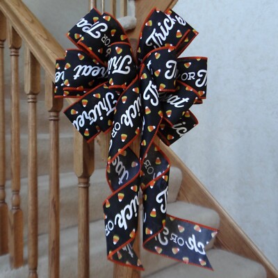 10'' WIDE TRICK OR TREAT CANDY CORN HALLOWEEN BOW FOR DECORATION, WREATH, LANTERN