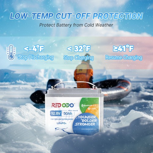 Redodo 12V 50Ah Bluetooth Lithium Battery with Low Temp Protection for Marine