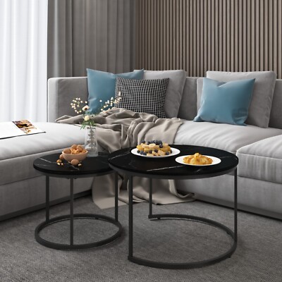 Round Nesting Coffee Table Set of 2 End Side Sofa Tables Faux Marble Wood Top