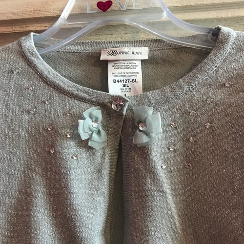 New Bonnie Jean Size Large Silver Metallic Sweater Jacket Rhinestones Rosettes