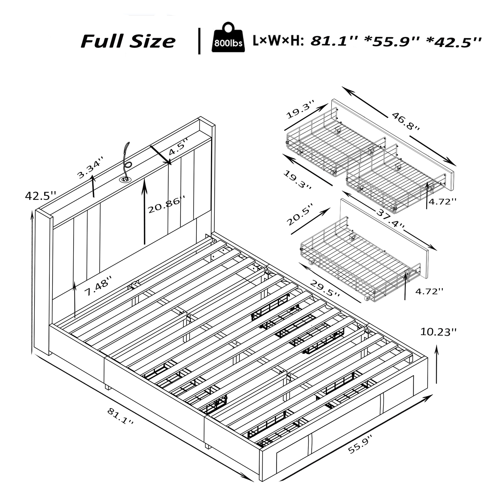 Full Bed Frame with Charging Station and  Storage Headboard, 4 Drawers.