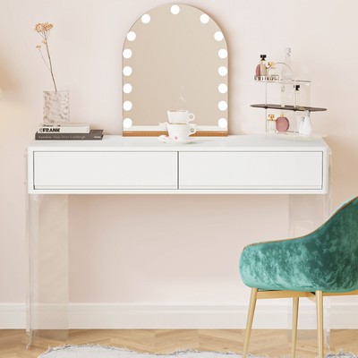 Tribesigns White Modern 2-Drawer Vanity Makeup Table w/ Acrylic Legs (No Mirror)