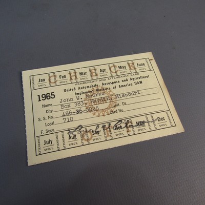 Vintage 1965 UAW Union Membership Card United Automobile Aerospace Workers