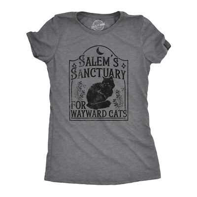 Womens Salems Sanctuary For Wayward Cats T Shirt Funny Spooky Halloween Kitten