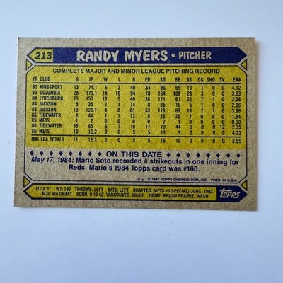 Verso de 1987 Topps Baseball #213 Randy Myers RC