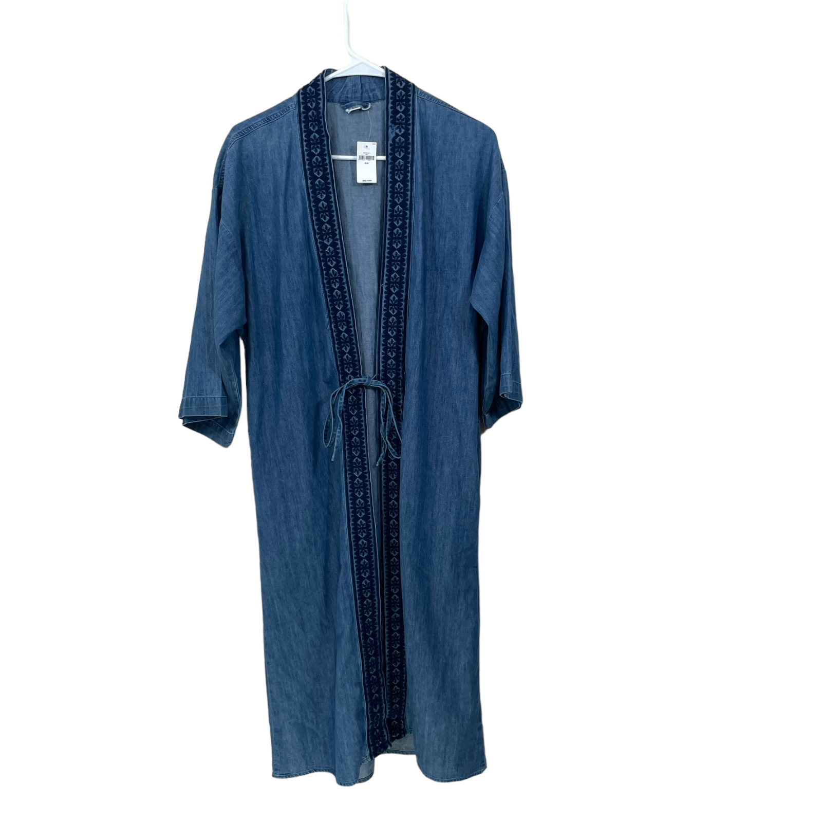 NWT GAP Denim Embroidered Trim Duster Women's Sz S/M Tie Front Kimono Jacket NEW