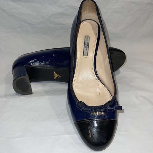 PRADA Blue Black Leather Logo Bow Patent Cap Toe Block Heel
