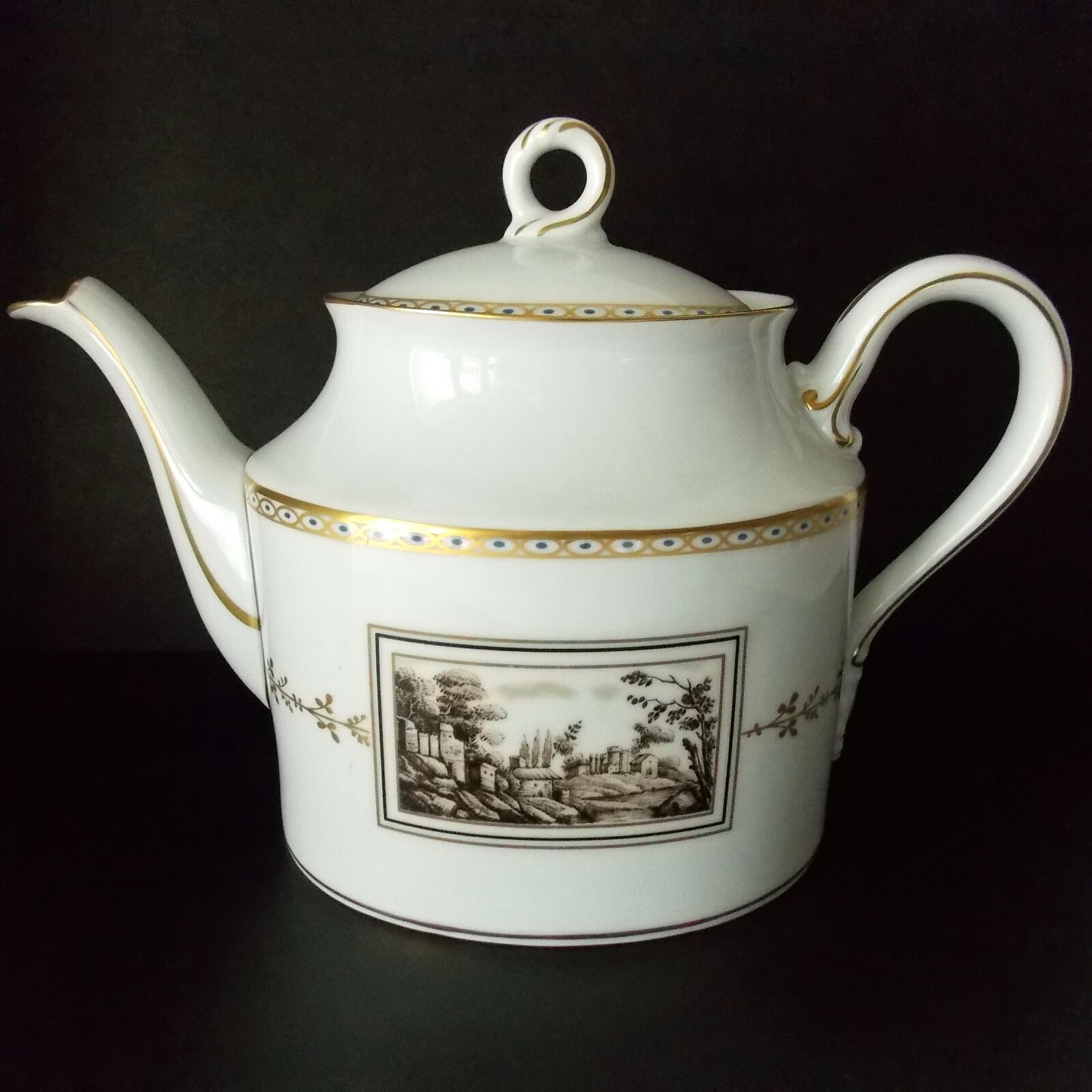 RICHARD GINORI FIESOLE ITALIAN SCENE WHITE GOLD PORCELAIN TEAPOT SEPIA GORGEOUS!