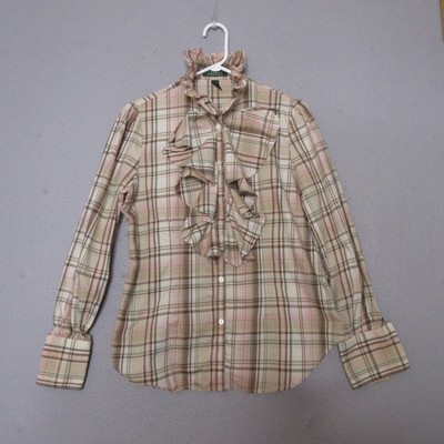 Lauren Ralph Lauren LRL Top Blouse Women Large Plaid Ruffle Neck Button Classic