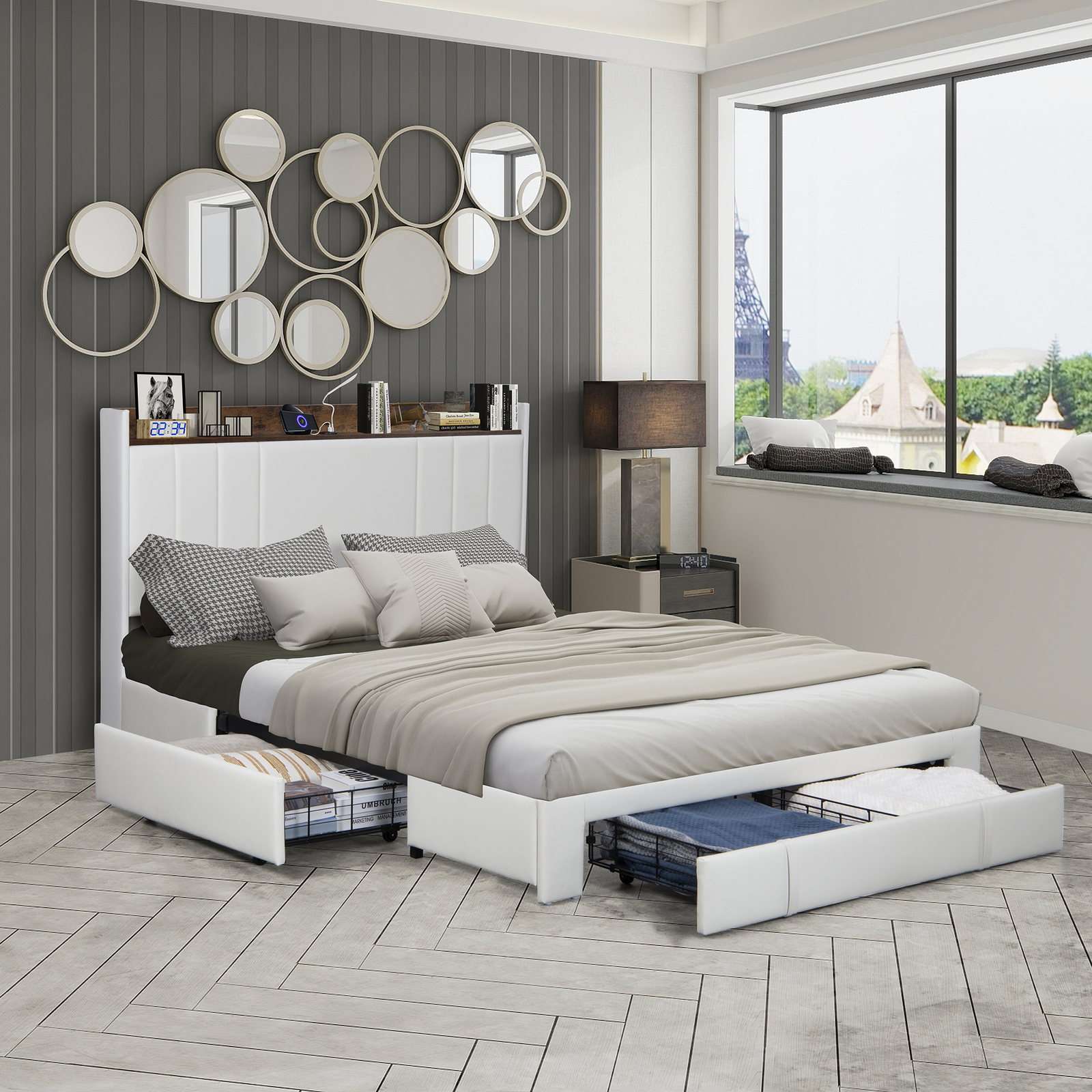 With Charging Station And  Storage Headboard, Four Drawers.